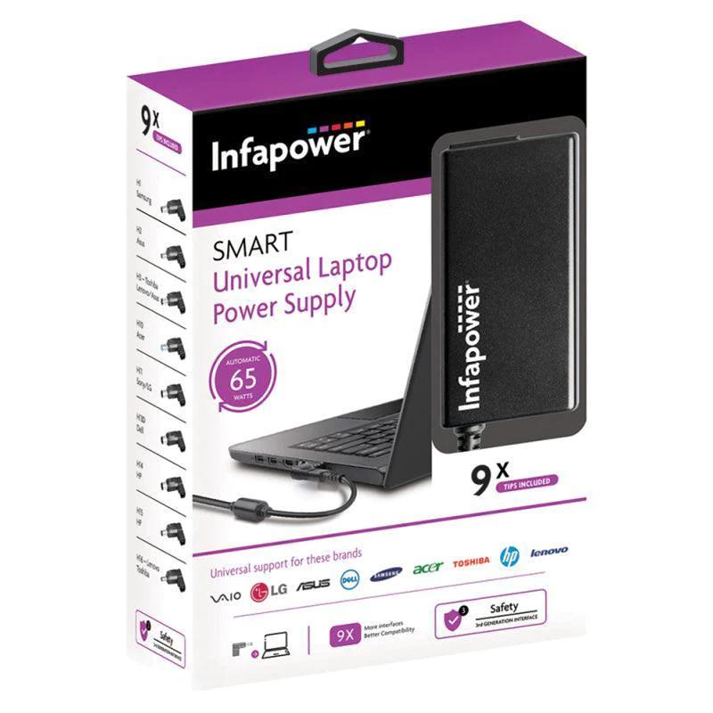 Infapower Universal Laptop Charger 65W Black - 9X Tips Included, SMART, Safety, Compatible with Lenovo, Dell, Samsung, Acer, Toshiba, HP, VAIO, LG, ASUS