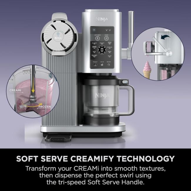 Ninja CREAMi 13-in-1 Ice Cream Maker NC701UK | Soft Serve & More | Platinum Silver | 2x 480ml | Image Features: Soft Serve, Scoop, Ice Cream, CreamiFit, Soft Serve Gelato