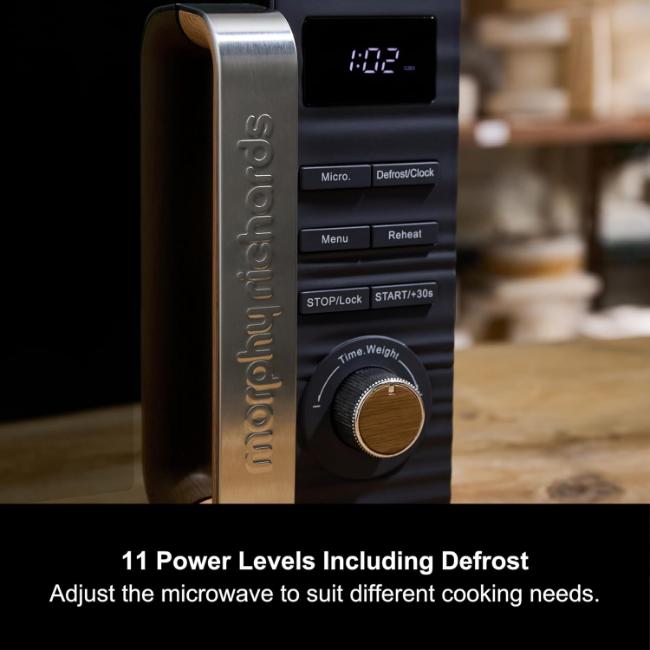 Morphy Richards Clay 800W 20L Digital Microwave Flint Blue Textured Exterior Mirror Door Wooden Detailing Digital Display Control Dial