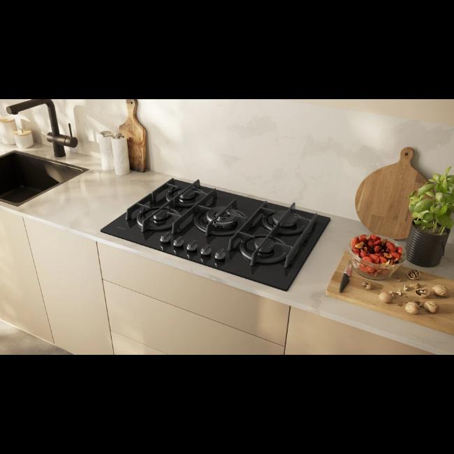 Neff N70 75cm Black Gas on Glass Hob with FlameSelect, Wok Burner, Cast Iron Supports, and Gas Safety Cut-Off