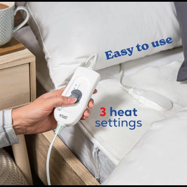 Russell Hobbs King Size Electric Underblanket Dual Control 150 x 200cm 3 Heat Settings Overheat Protection Machine Washable