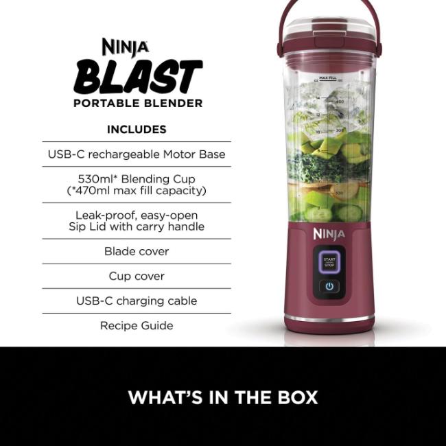 Ninja Blast Portable Blender Cranberry with Carry Handle, Start/Stop Button, Blender Cup, Lid