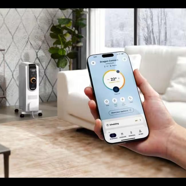 DeLonghi Dragon 5 Connect 10-Fin Wi-Fi Oil Filled Radiator TRD51025WIFI White 2500W Smart App Control ECC Electronic Climate Control 3 Heating Modes Folding Easy Wheels