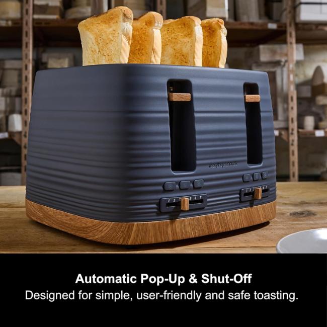 Morphy Richards Clay 4 Slice Toaster Flint Blue Grey Ripple Pattern BPA-Free Plastic with Reheat Defrost Cancel Functions Wide Slots Variable Browning Auto-Centring Automatic Pop-Up Cord Storage Removable Crumb Tray Wood-Effect Base