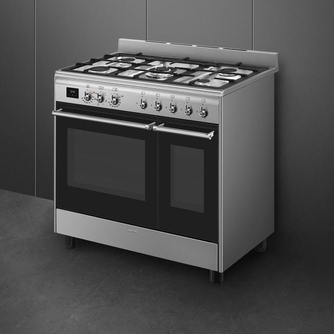 Smeg Range Cooker Dual Fuel 90x60cm Stainless Steel Gas Hob Electric Ovens