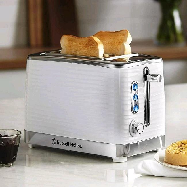 Russell Hobbs Inspire White 2 Slice Toaster with Premium Textured Plastic, Frozen, Cancel, Reheat, High Lift, Lift & Look, Variable Browning, Blue LED Illumination, Chrome Accents