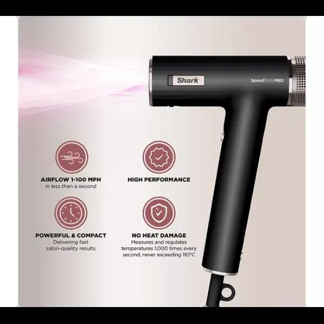 Shark SpeedStyle Pro 3-in-1 Hair Dryer Black with Turbo Concentrator, QuickSmooth Brush, FrizzFighter Finishing Tool