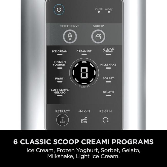 Ninja CREAMi 13-in-1 Ice Cream Maker NC701UK | Soft Serve & More | Platinum Silver | 2x 480ml | Image Features: Soft Serve, Scoop, Ice Cream, CreamiFit, Soft Serve Gelato