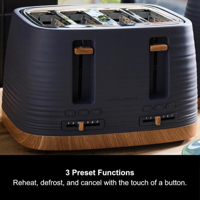 Morphy Richards Clay 4 Slice Toaster Flint Blue Grey Ripple Pattern BPA-Free Plastic with Reheat Defrost Cancel Functions Wide Slots Variable Browning Auto-Centring Automatic Pop-Up Cord Storage Removable Crumb Tray Wood-Effect Base