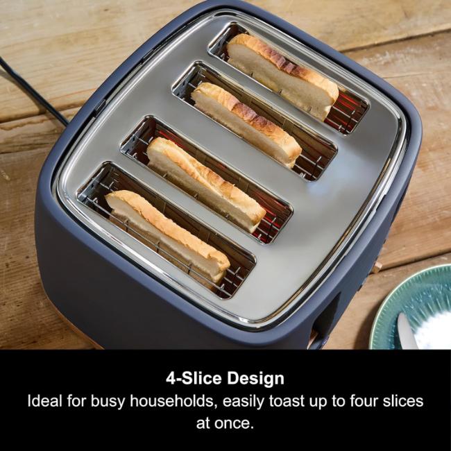 Morphy Richards Clay 4 Slice Toaster Flint Blue Grey Ripple Pattern BPA-Free Plastic with Reheat Defrost Cancel Functions Wide Slots Variable Browning Auto-Centring Automatic Pop-Up Cord Storage Removable Crumb Tray Wood-Effect Base