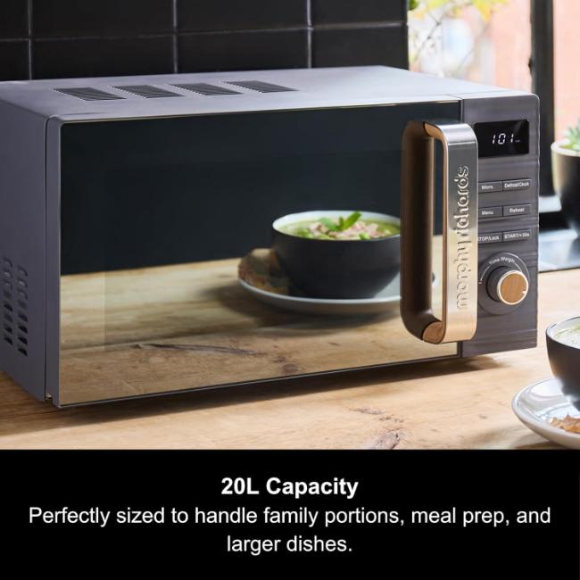 Morphy Richards Clay 800W 20L Digital Microwave Flint Blue Textured Exterior Mirror Door Wooden Detailing Digital Display Control Dial