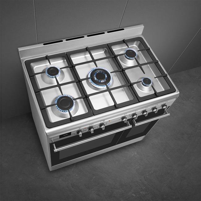 Smeg Range Cooker Dual Fuel 90x60cm Stainless Steel Gas Hob Electric Ovens
