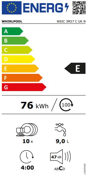 Whirlpool 45cm Slimline Integrated Built-in Dishwasher WSIC3M27CUKN 10 Place Settings 47dB E Energy Class 6 Programmes Silver