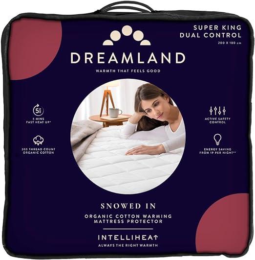 Dreamland Organic Cotton Electric Blanket - Size SuperKing Dual Control, 200 Thread Count, 5 Minute Heat Up, Intelliheat, Machine Washable, Auto Shut-Off, Deep Elasticated Skirt