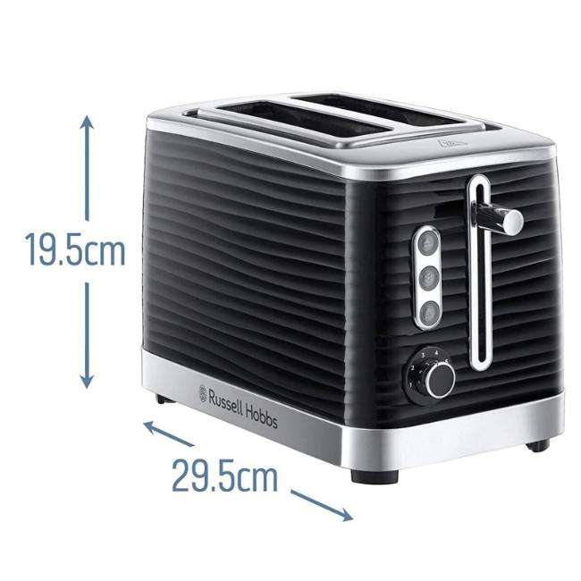 Russell Hobbs Inspire 2 Slice Black Toaster with Lift & Look, Frozen, Cancel, Reheat Settings and Textured Ripples - 29.5cm x 19.5cm