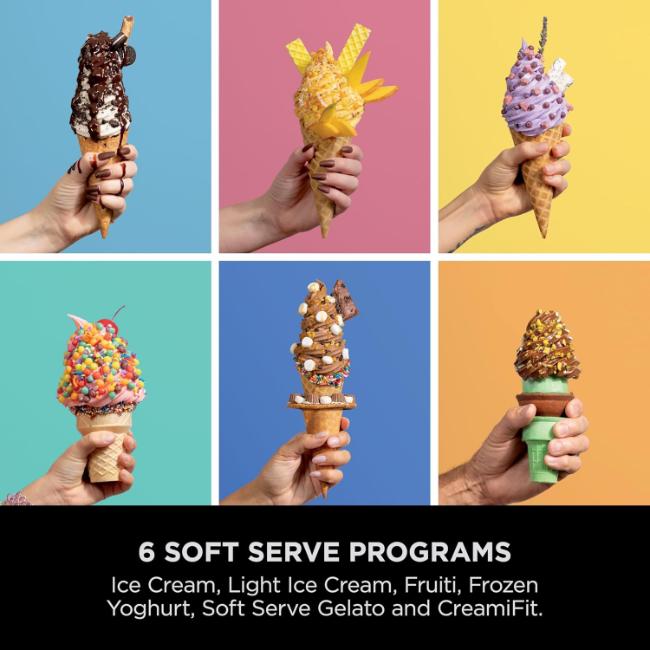 Ninja CREAMi 13-in-1 Ice Cream Maker NC701UK | Soft Serve & More | Platinum Silver | 2x 480ml | Image Features: Soft Serve, Scoop, Ice Cream, CreamiFit, Soft Serve Gelato