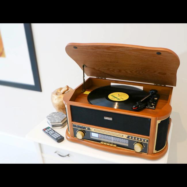 Lenco Retro Turntable Bluetooth CD Cassette Player AM/FM Radio MP3 Encoding Wood