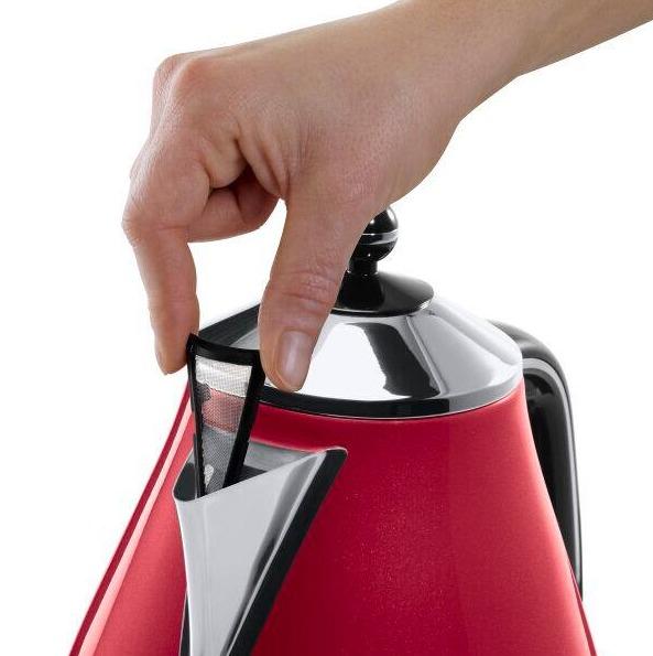 De'Longhi Red Kettle 1.7L Micalite 360° Swivel Base Removable Filter