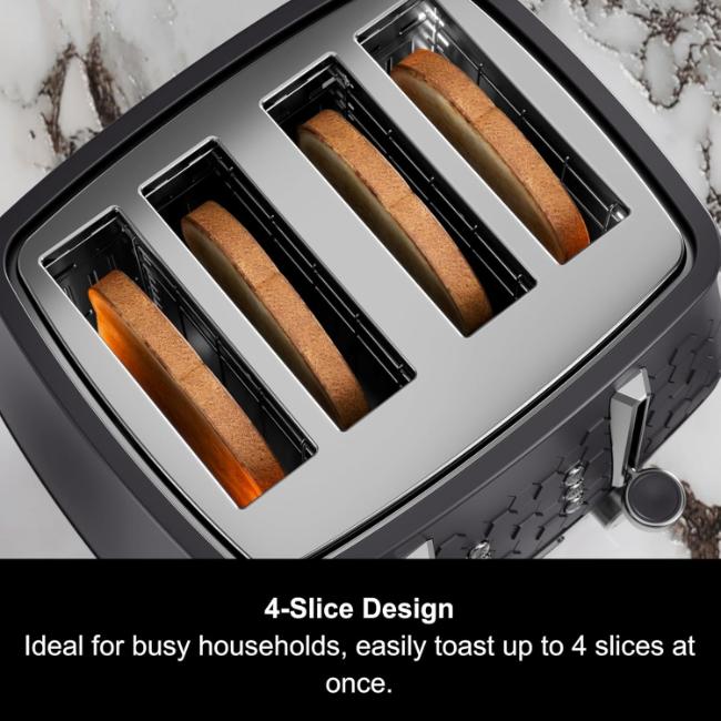 Morphy Richards Cassini 4 Slice Toaster Moonless Night Black Hexagonal Design Variable Browning High-Lift Removable Crumb Tray Illuminated Buttons