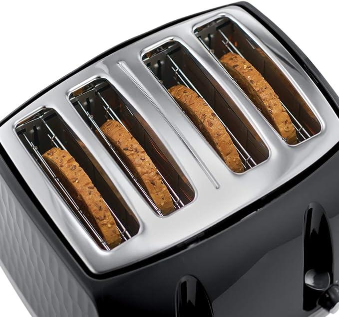 Russell Hobbs Honeycomb 4 Slice Toaster - Black with Extra Wide Slots, High Lift, Bun Warmer, Variable Browning, Frozen, Cancel, Reheat, Removable Crumb Tray, Stainless Steel Accents
