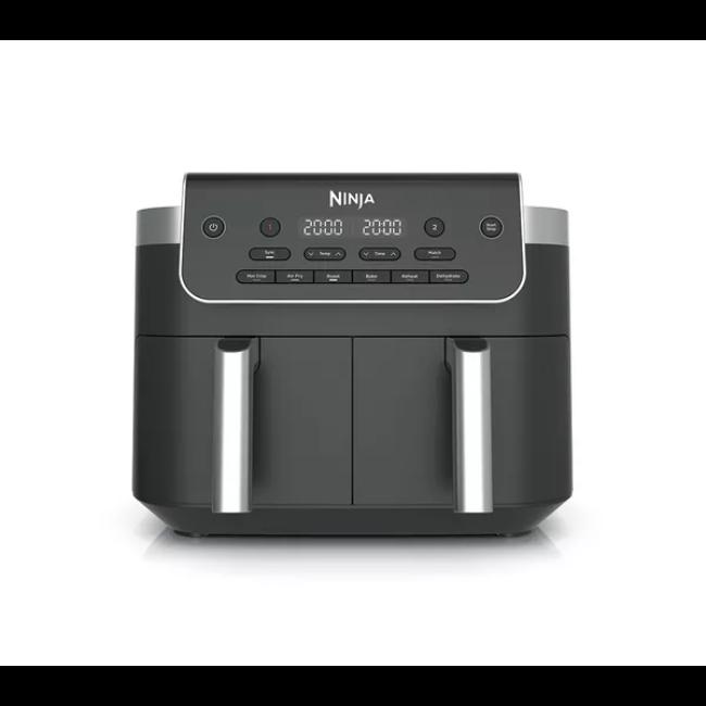 Ninja DualZone 7.6L 2-Drawer Air Fryer Black with 6 Cooking Functions - Max Crisp, Air Fry, Roast, Bake, Reheat, Dehydrate. Features Dual Drawers, Digital Display, Control Panel, Silver Handles.