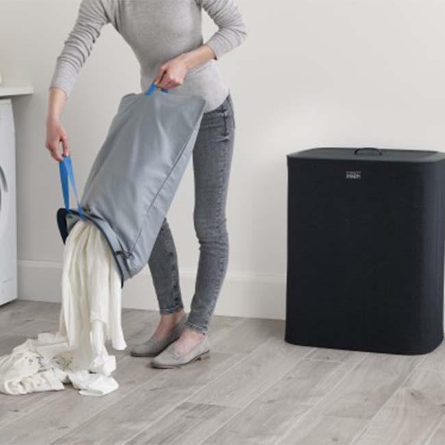 Joseph Joseph Tota 90L Dual Compartment Laundry Separation Basket - Black with Removable Tote Bags and Lid
