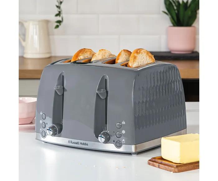 Russell Hobbs Honeycomb 1500W 4 Slice Toaster - Grey | Textured Design, High Lift, Removable Crumb Tray, Extra Wide Slots, Bun Warmer, Frozen, Cancel, Reheat Functions