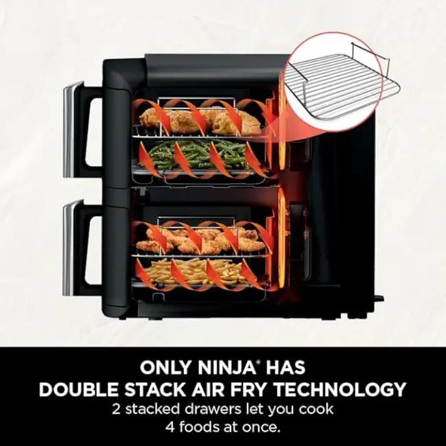 Ninja Double Stack 7.6L Dual Drawer Air Fryer Black with Air Fry, Roast, Bake, Reheat, Dehydrate, Max Crisp