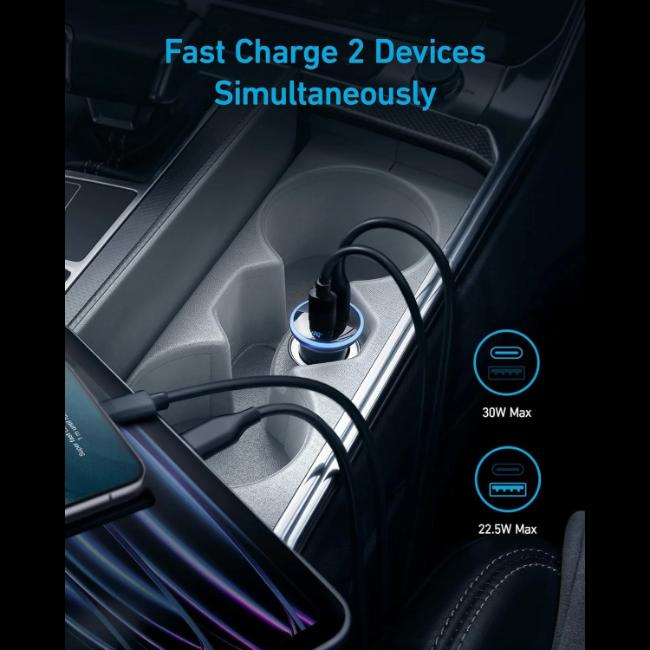 Anker Car Charger | Black | USB Ports | Blue LED | Anker Logo