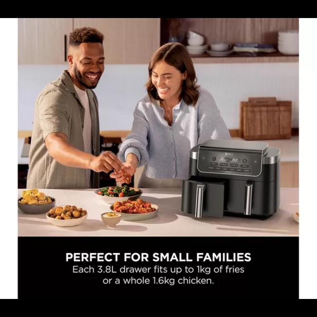 Ninja DualZone 7.6L 2-Drawer Air Fryer Black with 6 Cooking Functions - Max Crisp, Air Fry, Roast, Bake, Reheat, Dehydrate. Features Dual Drawers, Digital Display, Control Panel, Silver Handles.