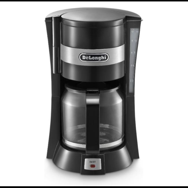 DeLonghi Filter Coffee Machine 1.25L Black Stainless Steel Glass Carafe 10 Cups Water Level Indicator On/Off Button