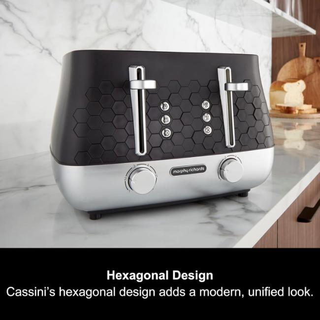 Morphy Richards Cassini 4 Slice Toaster Moonless Night Black Hexagonal Design Variable Browning High-Lift Removable Crumb Tray Illuminated Buttons