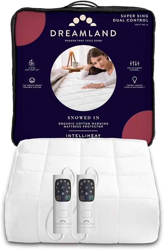 Dreamland Organic Cotton Electric Blanket - Size SuperKing Dual Control, 200 Thread Count, 5 Minute Heat Up, Intelliheat, Machine Washable, Auto Shut-Off, Deep Elasticated Skirt