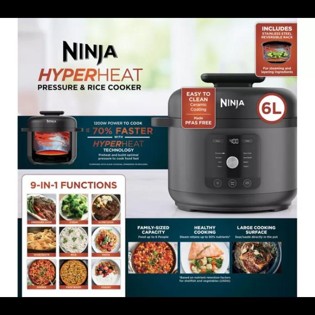 Ninja HyperHeat 6L 9-in-1 Pressure & Rice Cooker PC201UK - 1200W, Black, Easy-Clean Ceramic Coating, Digital Display, Control Dial, Power, Start/Stop, Keep Warm