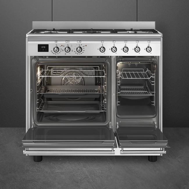 Smeg Range Cooker Dual Fuel 90x60cm Stainless Steel Gas Hob Electric Ovens
