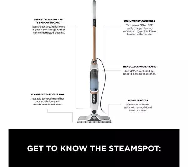 Shark SteamSpot S2001UK Steam Mop with Steam Blaster Technology - Lightweight, 3 Modes, 2x Dirt Grip Pads, 2.2kg, White/Copper