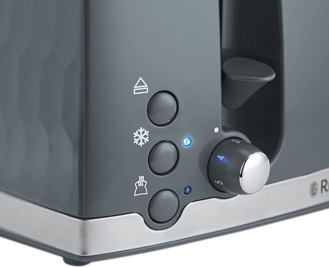 Russell Hobbs Honeycomb 1500W 4 Slice Toaster - Grey | Textured Design, High Lift, Removable Crumb Tray, Extra Wide Slots, Bun Warmer, Frozen, Cancel, Reheat Functions