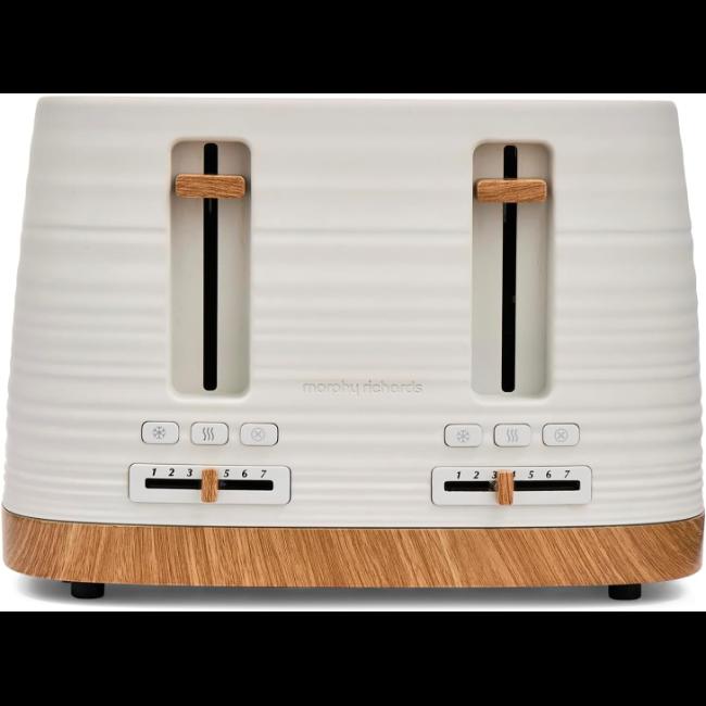 Morphy Richards Clay 4 Slice Toaster White Wood-effect Ripple Pattern Reheat Defrost Cancel Removable Crumb Tray Cord Storage
