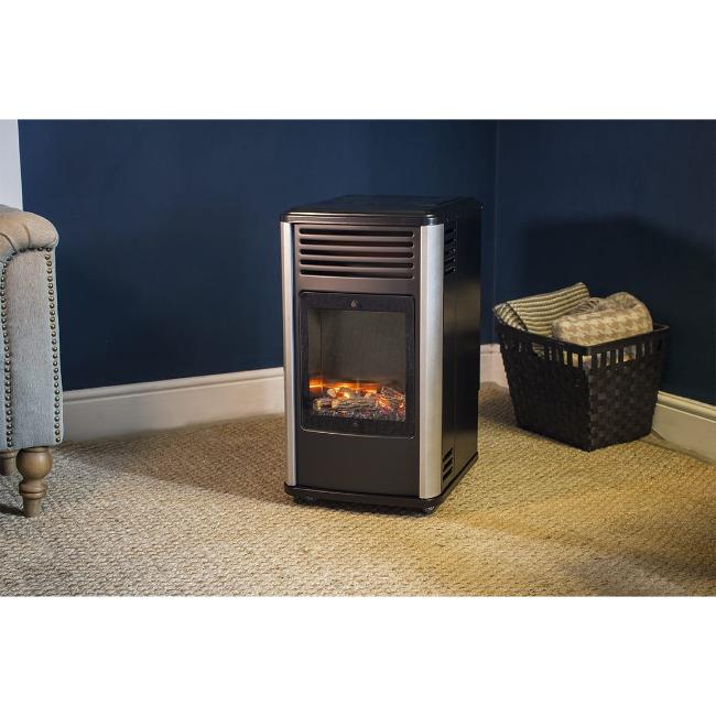 Sahara Manhattan Portable Gas Heater Black Silver Electronic Ignition Real Flame 3.4kW Butane Size L51 x W37 x H68