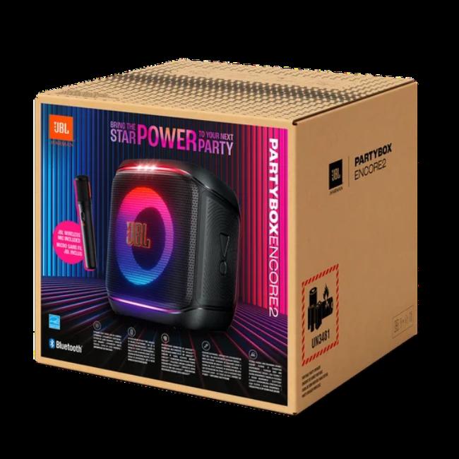 JBL PartyBox Encore 2 Portable Speaker 100W RMS AI Sound Boost Wireless Mic 15-Hr Battery IPX4 Splashproof Auracast Black