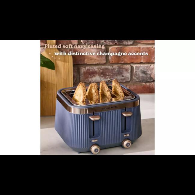 Russell Hobbs Bronte 4 Slice Toaster | Navy | Fluted Exterior, Gold Accents, Lift and Look Lever