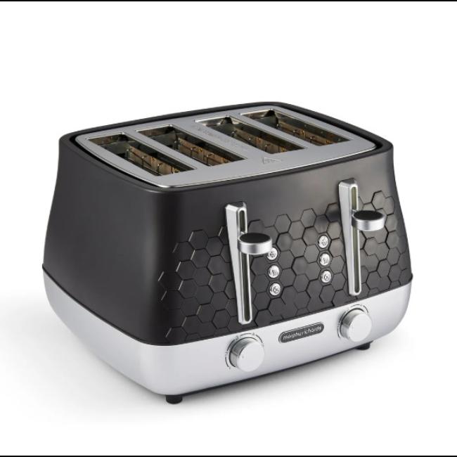 Morphy Richards Cassini 4 Slice Toaster Moonless Night Black Hexagonal Design Variable Browning High-Lift Removable Crumb Tray Illuminated Buttons