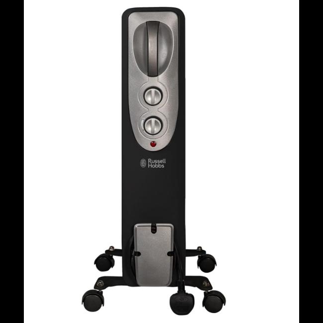 Russell Hobbs 2000W Oil Filled Radiator | Black | 9 Fin | 3 Heat Settings | Variable Thermostat | Up to 20m² | Carry Handle & Wheels