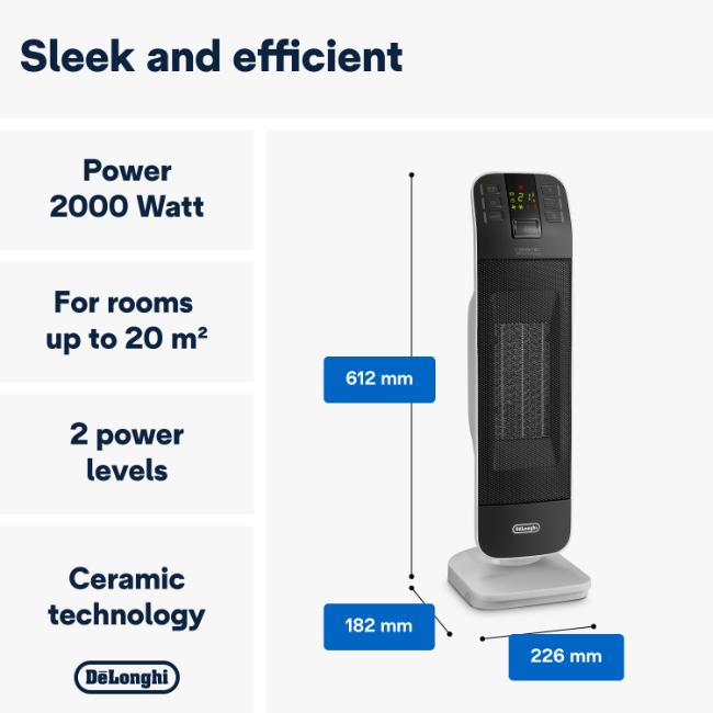 DeLonghi Bend Line Ceramic Fan Heater 2000W Black HFX65V20 Digital Control ECO Anti-dust Filter Safety Auto-Off for Rooms up to 60m³