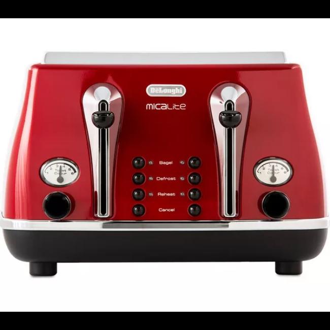 De'Longhi Icona Micalite 4 Slice Toaster Red with Bagel, Defrost, Reheat, Cancel, Toast Colour