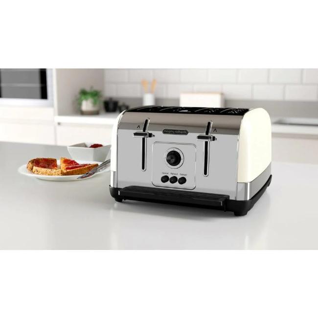 Morphy Richards 4 Slice Toaster Cream - Defrost, Reheat, Variable Browning, Cancel, High-Lift, Removable Crumb Tray, Cord Tidy, 1800W, Stainless Steel