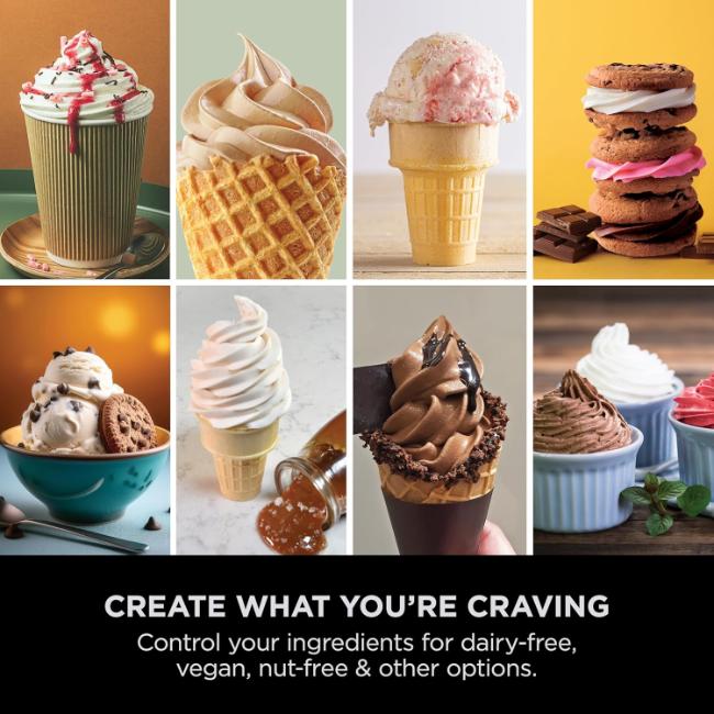 Ninja CREAMi 13-in-1 Ice Cream Maker NC701UK | Soft Serve & More | Platinum Silver | 2x 480ml | Image Features: Soft Serve, Scoop, Ice Cream, CreamiFit, Soft Serve Gelato