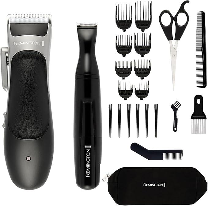 Remington Hair Clipper Set | 25-Piece Kit, Self-Sharpening Blades, Scissors, Combs, Trimmer, Taper Lever, Up to 40 mins Usage Time, 3 Year Guarantee