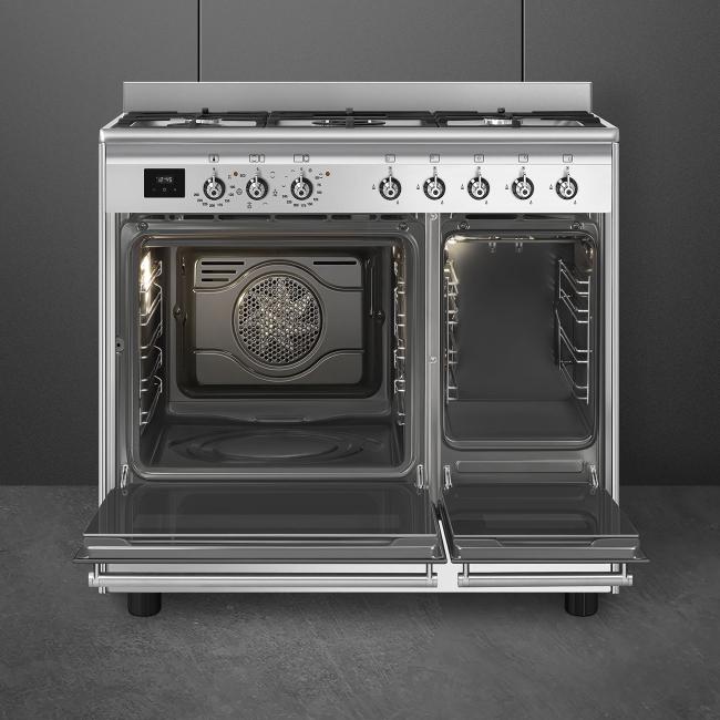 Smeg Range Cooker Dual Fuel 90x60cm Stainless Steel Gas Hob Electric Ovens