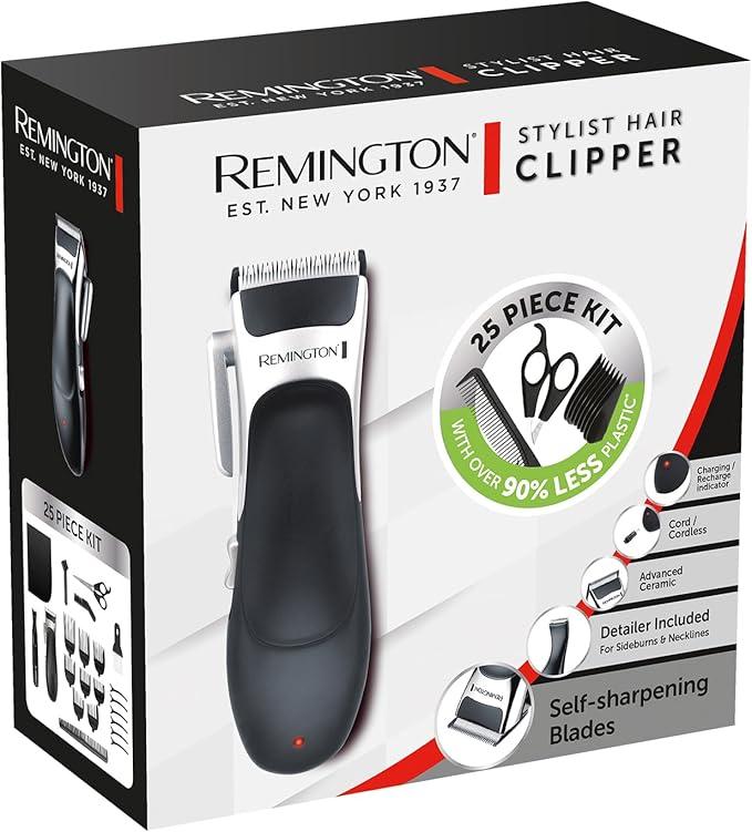 Remington Hair Clipper Set | 25-Piece Kit, Self-Sharpening Blades, Scissors, Combs, Trimmer, Taper Lever, Up to 40 mins Usage Time, 3 Year Guarantee